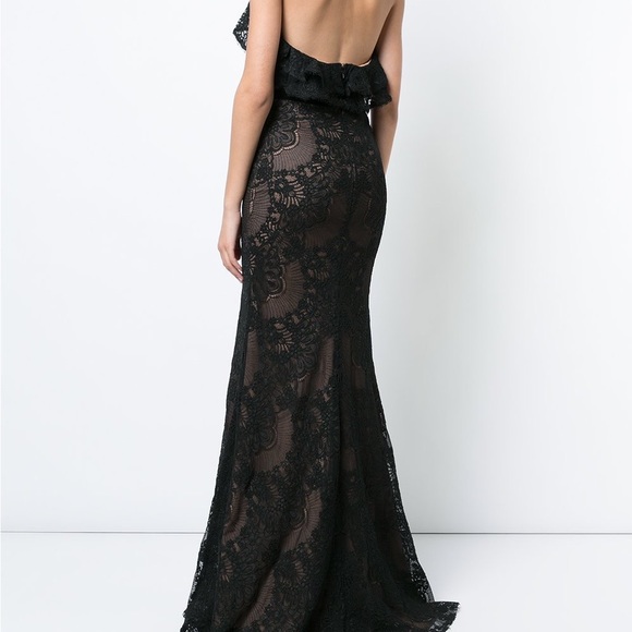 Marchesa Red Sleeveless Double Ruffle Lace Gown - Picture 5 of 6